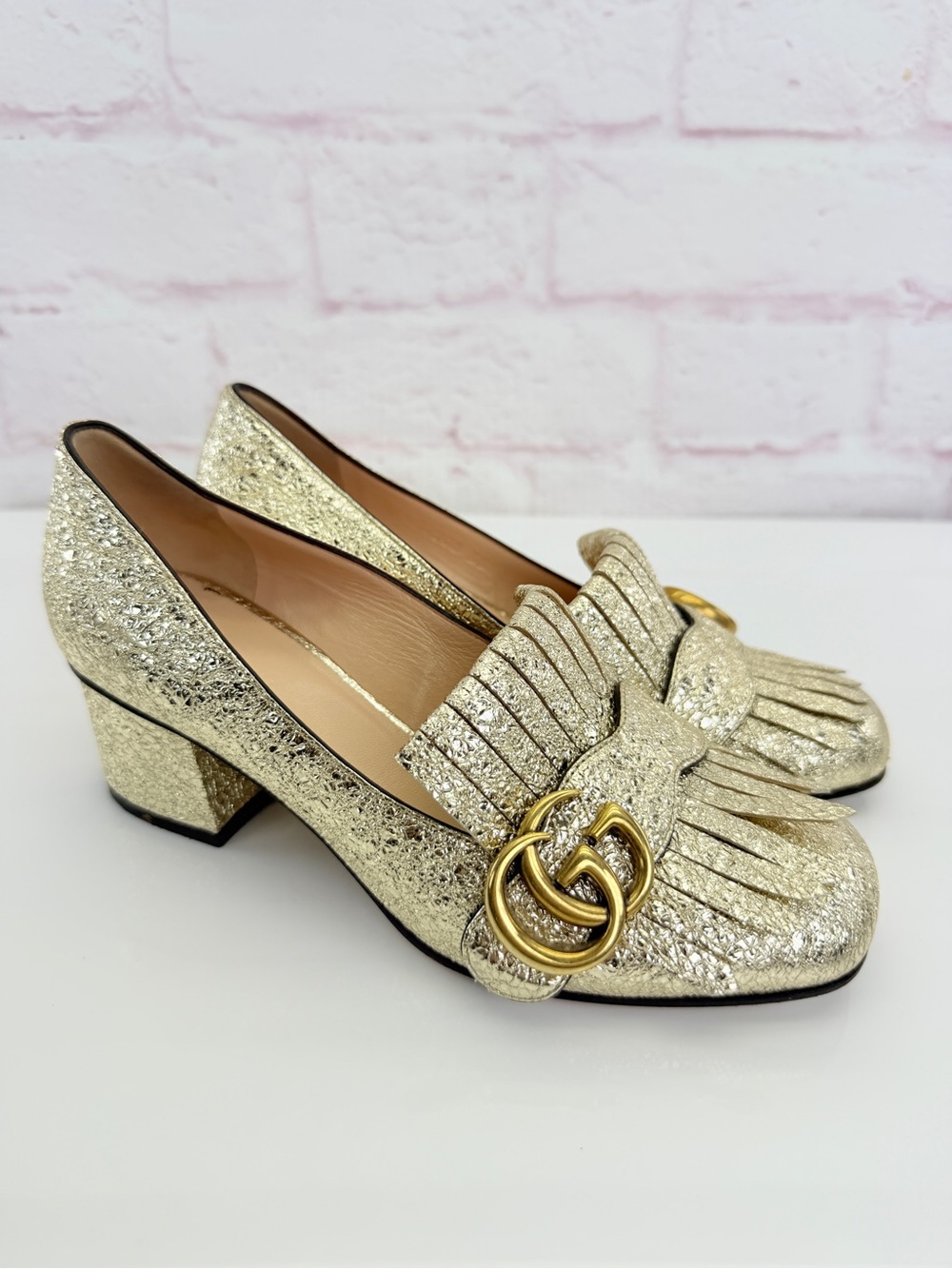 Gucci Galassia GG Marmont Fringe 50mm Loafer Pumps 35 Metallic Platino